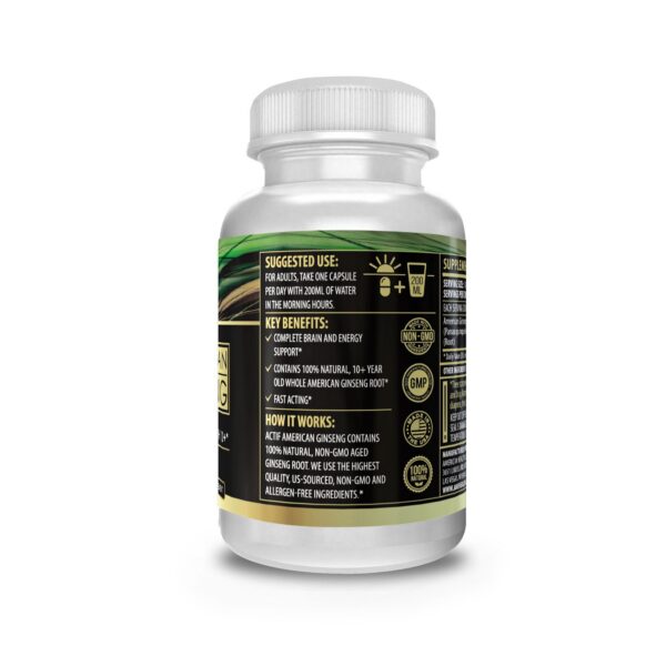 Botella lado suplemento ginseng americano Actif