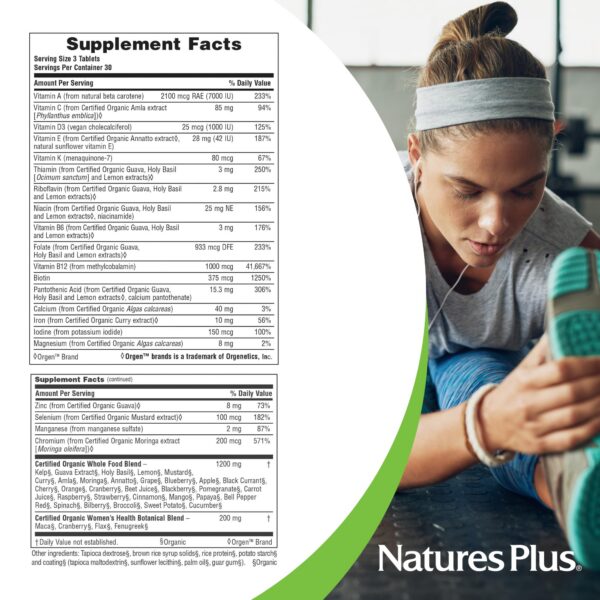 Botella multivitamínico vegano para mujeres orgánico Natures Plus imagen lateral