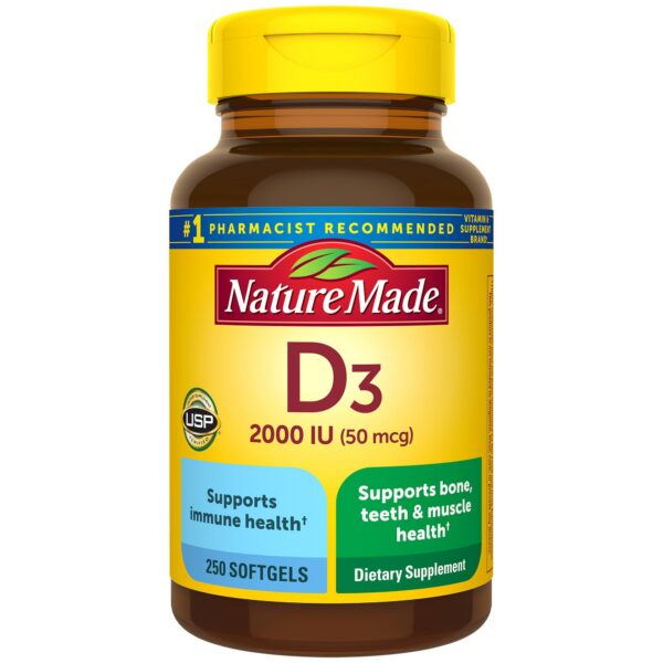 Botella Nature Made Vitamina D3 2000 IU 250 cápsulas blandas