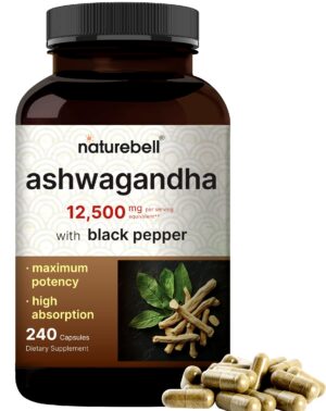 Botella NatureBell Ashwagandha 12500 mg con pimienta negra