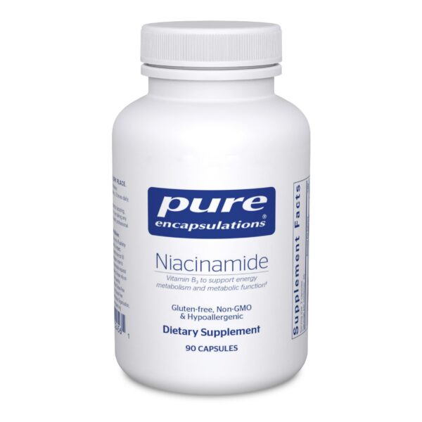 Botella de niacinamida pure encapsulations 90 cápsulas