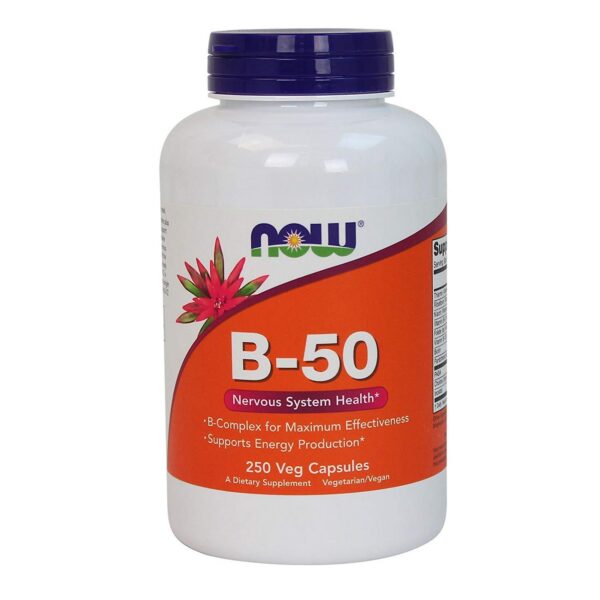 Botella de Now Foods B-50 cápsulas vegetales 250 unidades