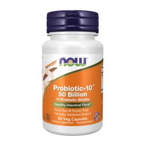 Version 1.0.0 Botella NOW Foods Probiotic-10 50 mil millones 50 cápsulas veganas