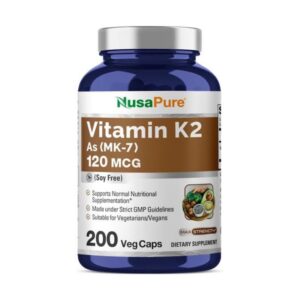Botella NusaPure vitamina K2 MK7 120 mcg 200 cápsulas veganas