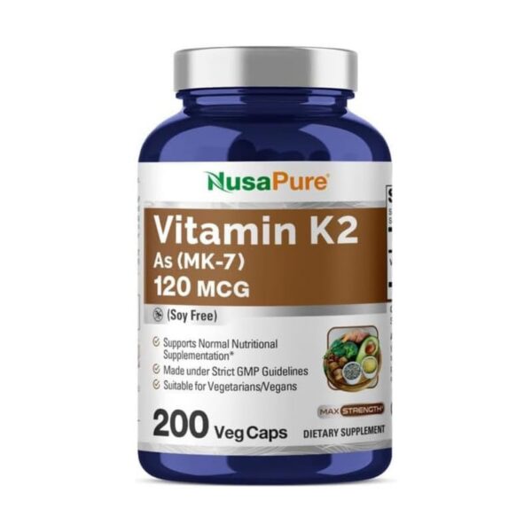 Botella NusaPure vitamina K2 MK7 120 mcg 200 cápsulas veganas