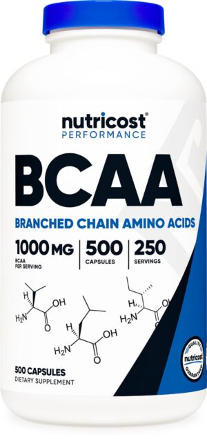 Botella de Nutricost BCAA 1000mg 500 cápsulas para soporte muscular
