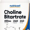 Botella de Nutricost Colina Bitartrato 650mg 240 cápsulas vegetarianas