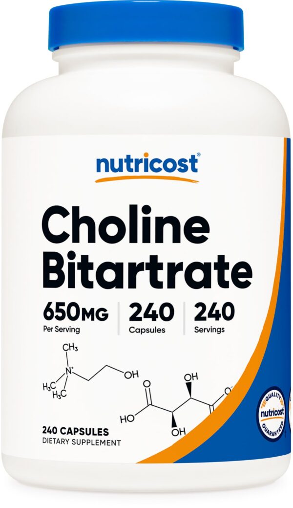 Botella de Nutricost Colina Bitartrato 650mg 240 cápsulas vegetarianas