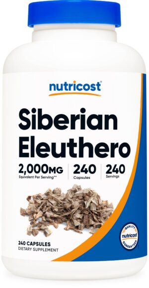 Botella de Nutricost Eleuthero Siberiano 500mg 240 cápsulas