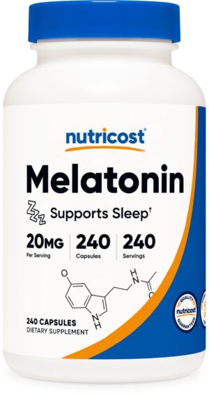 Botella Nutricost melatonina 20mg 240 cápsulas sin gluten