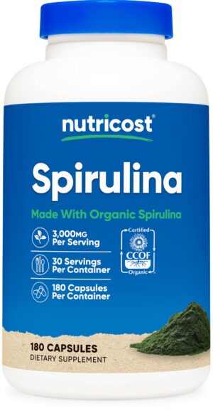 Version 1.0.0 Botella Nutricost Spirulina 3000mg 180 cápsulas orgánicas