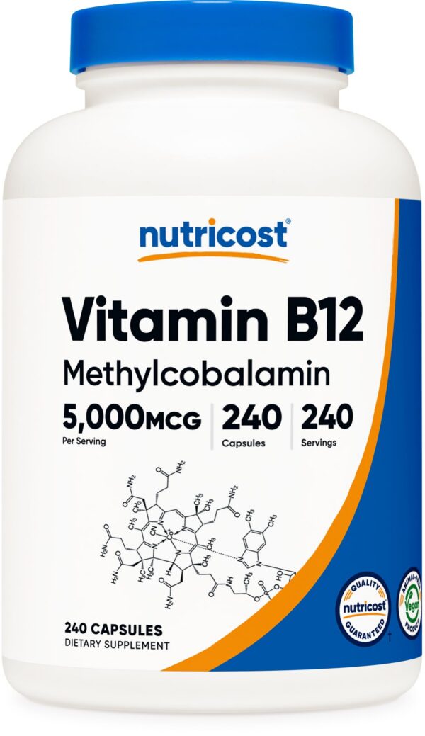 Botella de Nutricost vitamina B12 5000mcg 240 cápsulas vegetarianas