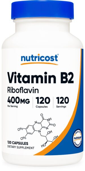 Botella suplemento Nutricost Vitamina B2 Riboflavina 400 mg