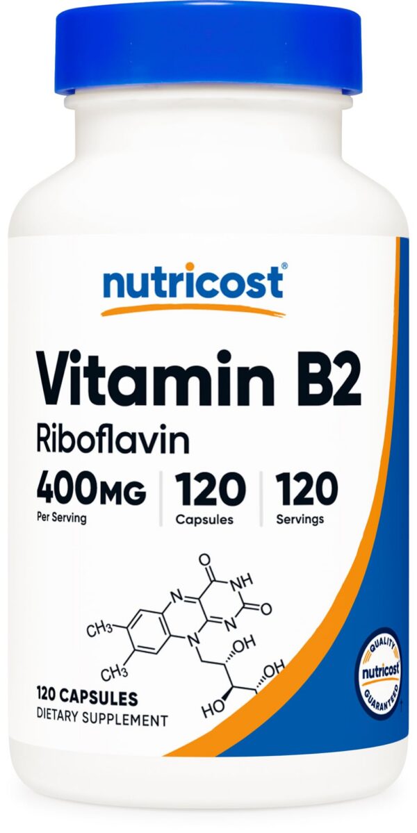 Botella suplemento Nutricost Vitamina B2 Riboflavina 400 mg