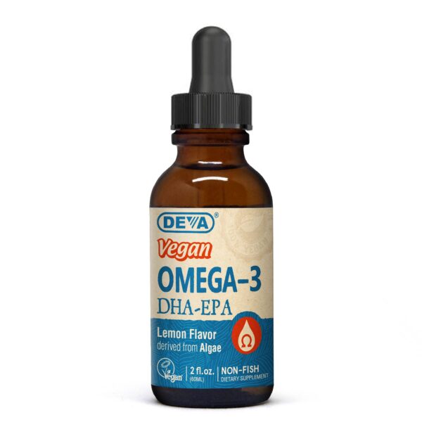 Botella de Omega-3 vegano líquido DEVA sabor limón