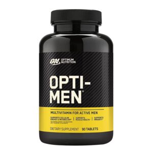 Botella Optimum Nutrition Opti-Men multivitaminico 90 caps rojo