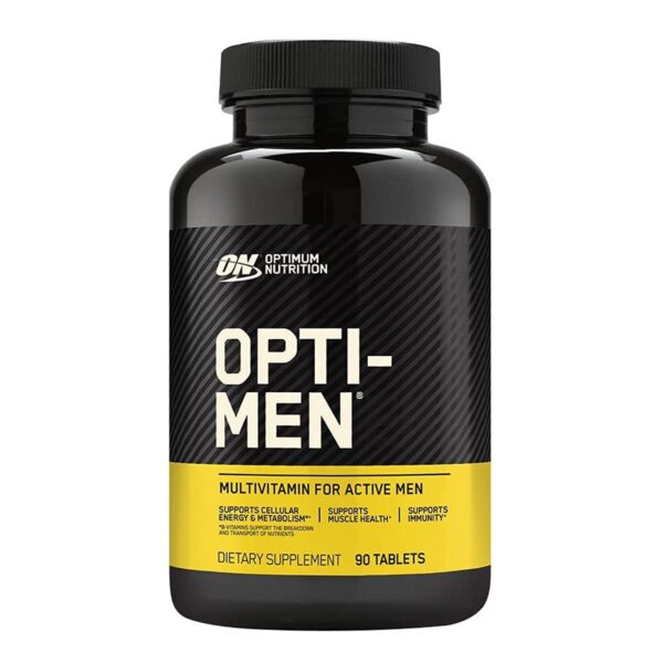 Botella Optimum Nutrition Opti-Men multivitaminico 90 caps rojo