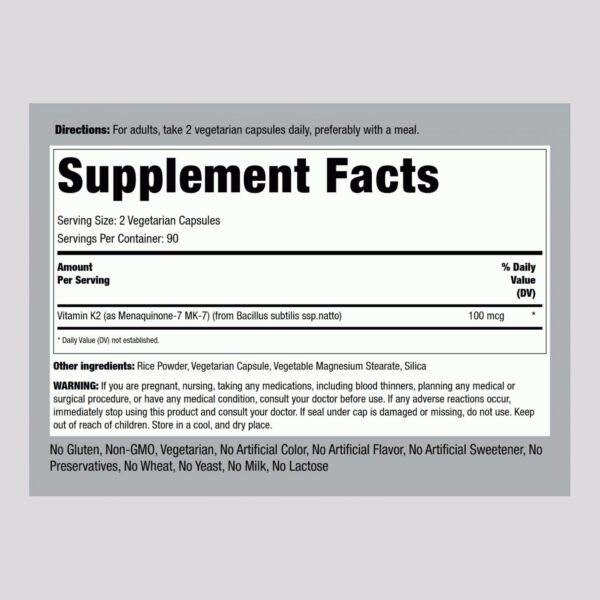 Frasco suplemento Piping Rock K2 MK7 100 mcg