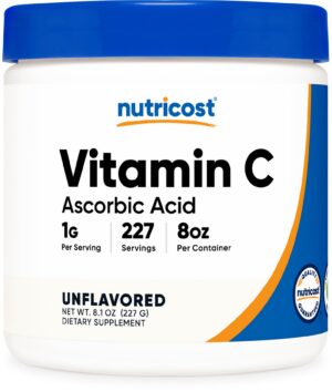 Botella polvo de vitamina C Nutricost ácido ascórbico 0.5 lbs