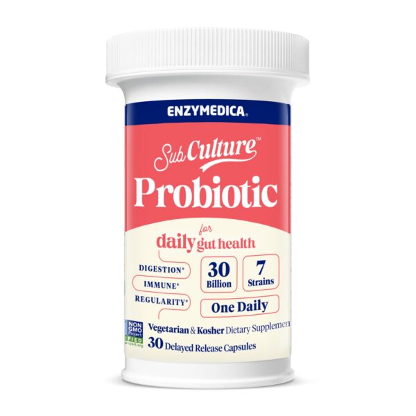 Botella de probióticos Enzymedica SubCulture para salud diaria intestinal