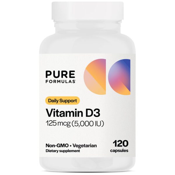 Botella PureFormulas Vitamina D3 5000 UI 120 cápsulas vegetarianas