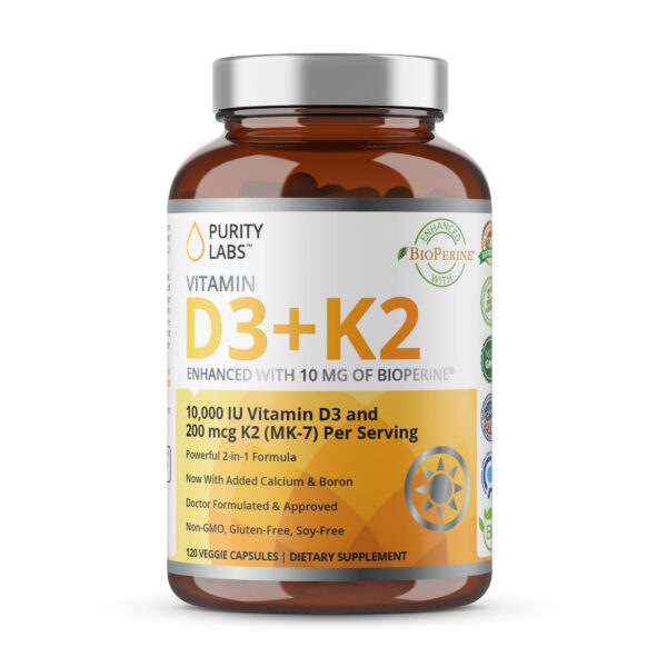 Botella de Purity Labs vitamina D3 K2 10000 UI con Bioperina