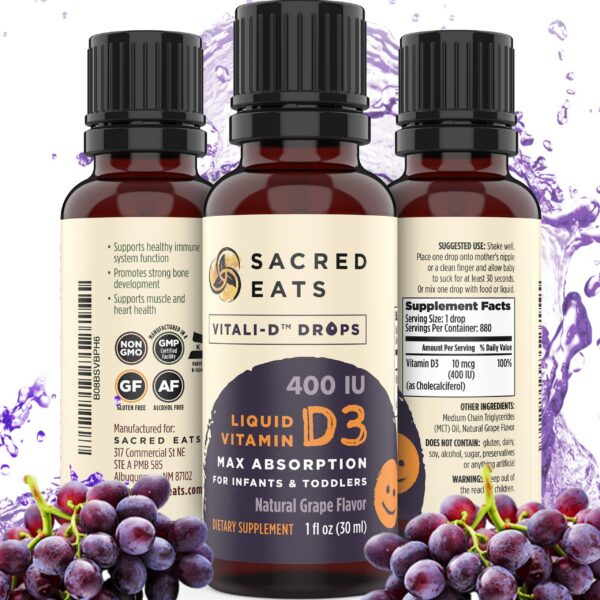 Botella Sacred Eats gotas vitamina d para bebés con gotero