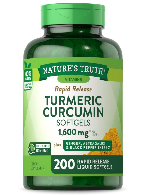 Botella de softgels cúrcuma curcumina Nature's Truth 200 unidades
