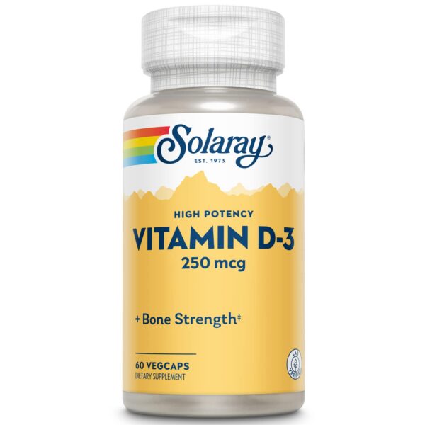 Botella Solaray vitamina D3 10000 UI 60 cápsulas