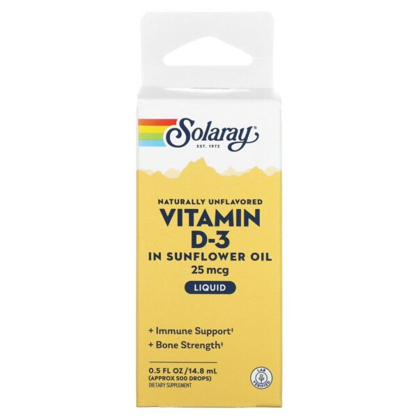 Botella solaray vitamina d3 líquida 1000 iu sin sabor 0.5 oz