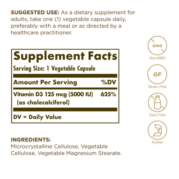 Botella Solgar Vitamina D3 5000 IU, 120 cápsulas vegetales
