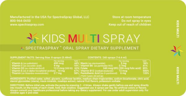 Botella de spray multivitamínico para niños sin azúcar sabor fruta