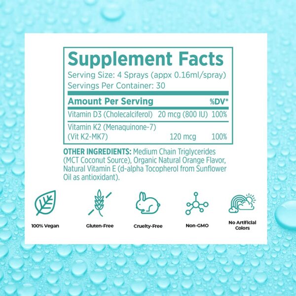 Botella de spray de vitaminas d3 y k2 vegan life nutrition