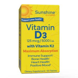 Botella Sunshine Vitamina D3 K2 5000 IU 60 tabletas