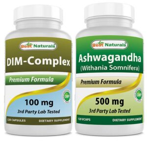 Botella suplemento Best Naturals DIM 100 mg Ashwagandha 500 mg