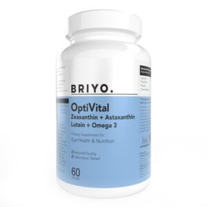 Botella de suplemento Briyo OptiVital para salud ocular