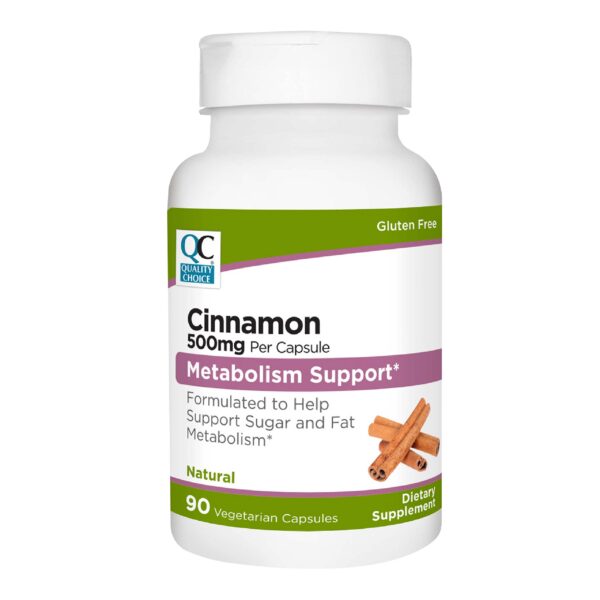 Botella de suplemento de canela 500 mg 90 cápsulas Quality Choice