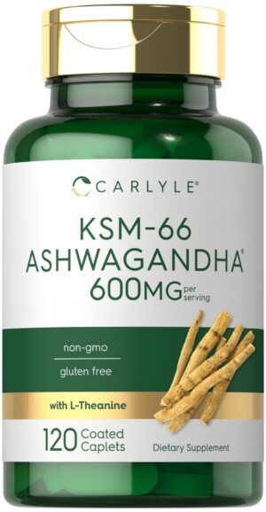 Botella de suplemento Carlyle KSM-66 Ashwagandha 600mg con L-Teanina