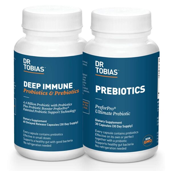 Botella suplemento Dr. Tobias prebióticos probióticos para salud intestinal