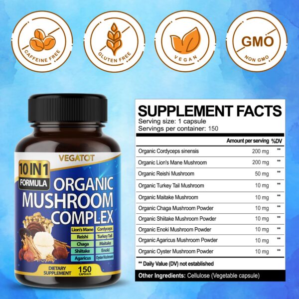 Botella de suplemento de hongos 150 cápsulas VEGATOT