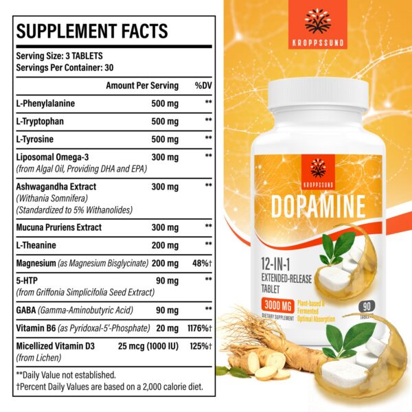 Version 1.0.0 Botella de suplemento Kroppssund 90 tabletas dopamina