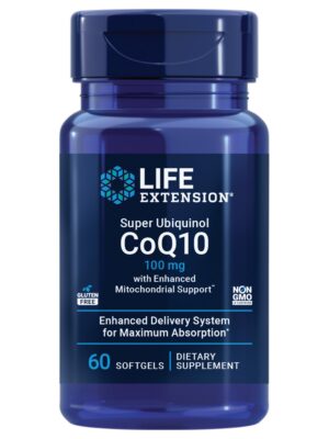 Botella de suplemento Life Extension Super Ubiquinol CoQ10 con 60 softgels