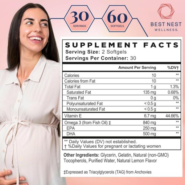 Botella de suplemento prenatal Best Nest Wellness con omega-3