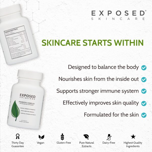 Botella suplemento probiótico Exposed Skin Care para cuidado piel