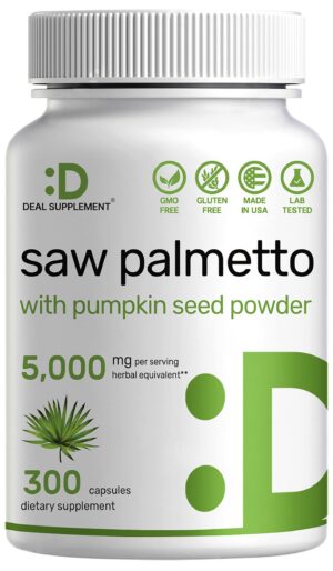 Botella suplemento Saw Palmetto 5000 mg con semilla de calabaza 300 cápsulas