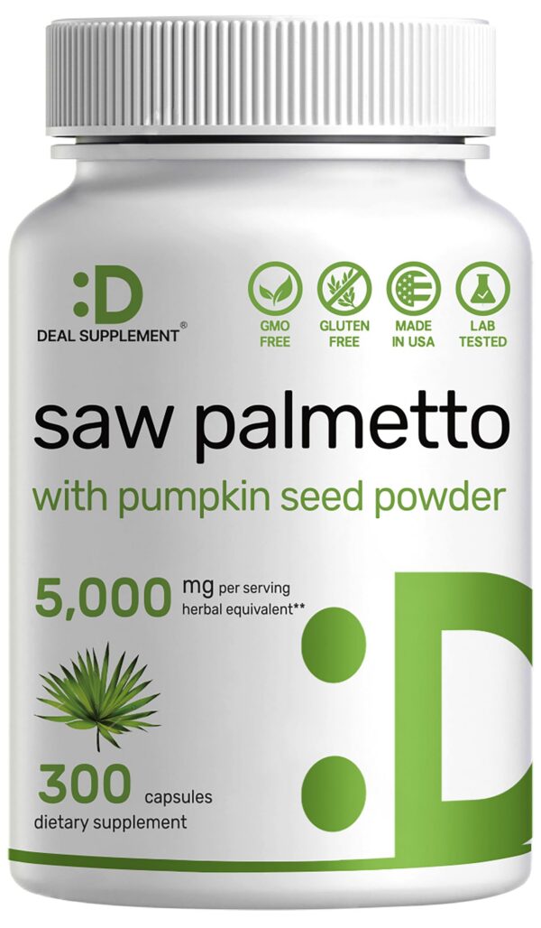 Botella suplemento Saw Palmetto 5000 mg con semilla de calabaza 300 cápsulas