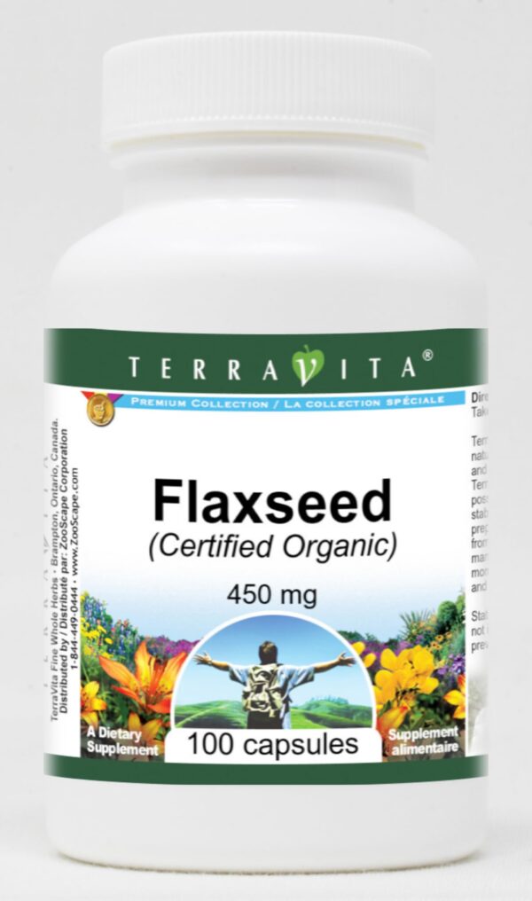 Botella de suplemento de semilla de lino orgánica TerraVita 100 cápsulas