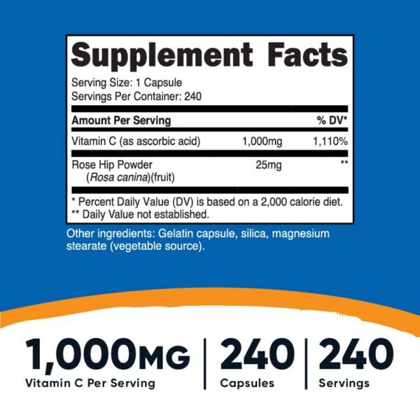 Botella suplemento vitamina c Nutricost 240 cápsulas