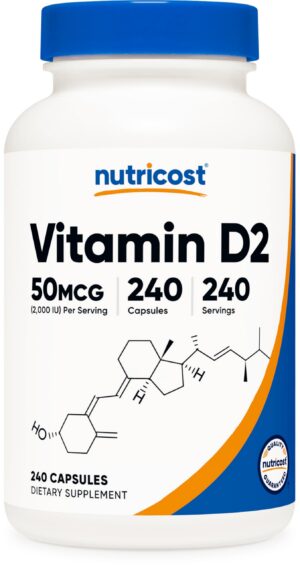 Botella suplemento vitamina d2 Nutricost 2000 ui 240 cápsulas vegano