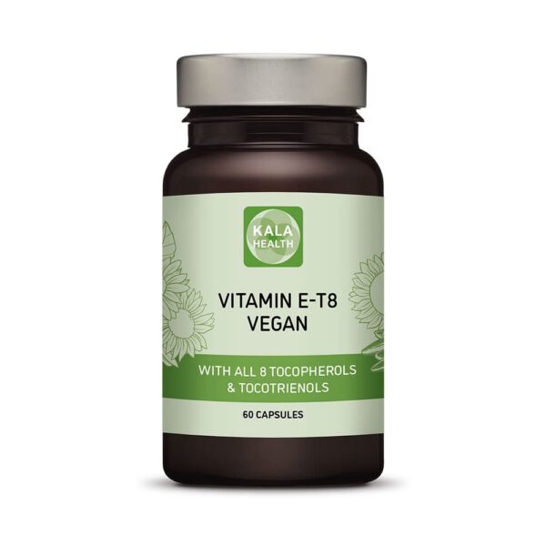 Botella de suplemento vegano de vitamina E Kala Health con cápsulas